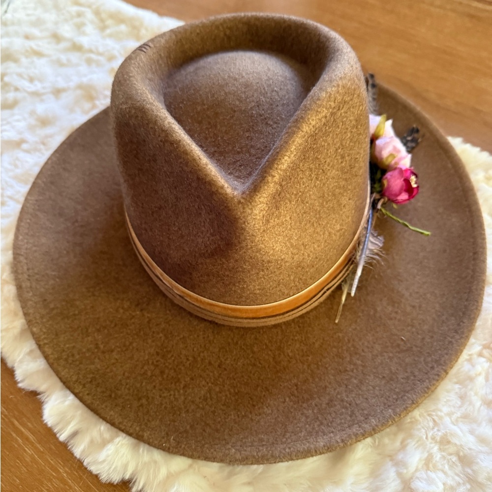 WYETH Brown Felt Hat with Floral Accent